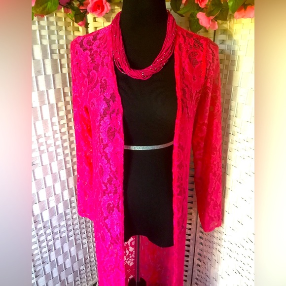 Bebo Fuchsia Pink Lace Kimono Duster Cover up Long Cardigan M / L   NWOT - Picture 5 of 12